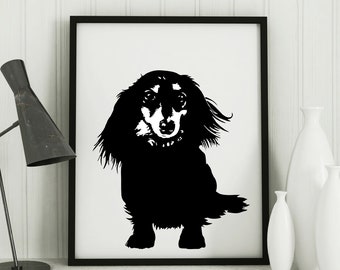 Long haired Dachshund Art Print, Wall decor, pet lover gift, Long haired Dachshund Silhouette, Modern, black and white, dog