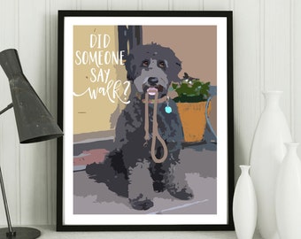 Black goldendoodle, labradoodle art print, dog walk, funny dog artwork, poster wall decor