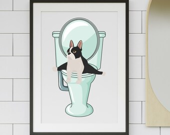 Boston Terrier Bathroom print, dog on toilet, black and white, funny dog print, Boston Terrier decor, gift