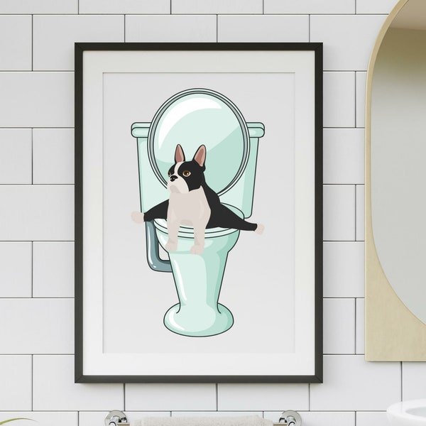 Boston Terrier Bathroom print, dog on toilet, black and white, funny dog print, Boston Terrier decor, gift