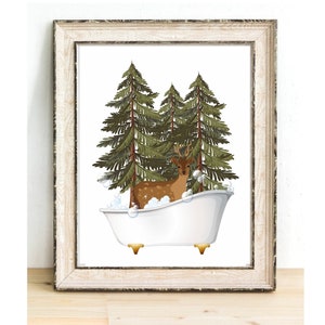 Deer in tub art print, deer illustration, wall decor, cabin decor, pine trees, bathroom artwork