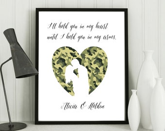 Military gifts, military decor, military couples personalized quote heart, military art print, military art, camo