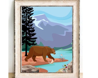 Bear art print with mountains, fishing bear, mountains, forest scene, happy nature art print, cabin wall decor