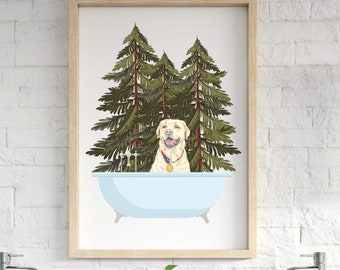 Yellow Labrador Art Print: Dog in Tub, Bathroom Wall Decor