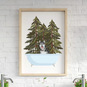 Siberian Husky Art Print, bathroom wall decor, dog in tub, funny dog lover gift