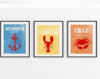 Beach house art prints, set of three, Crab art, Lobster art, Mussel Art Prints, Maine, nautical wall decor, coastal living