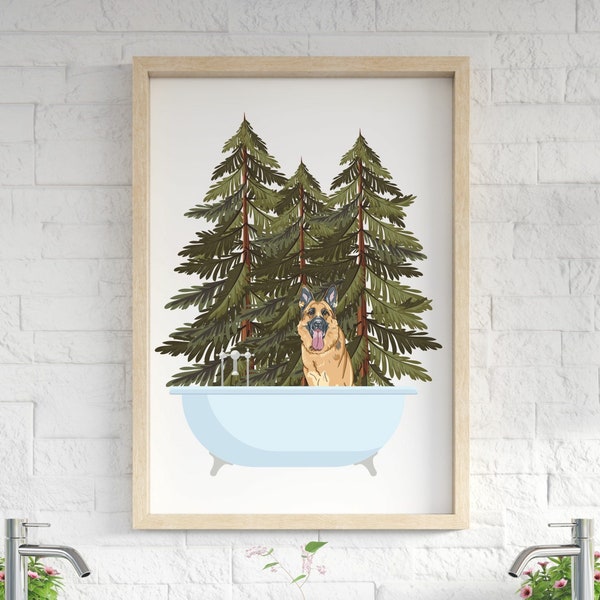 German Shepherd, bathroom wall decor, dog in tub, funny dog lover gift, cabin decor