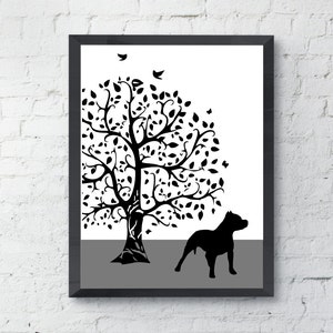 Pitbull art Print, Tree, Modern Wall Decor, Pet Lover Gift, black and white dog art