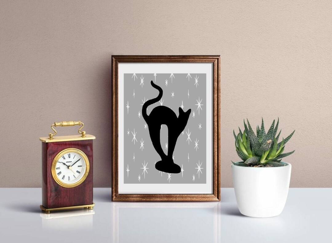 Mid Century Modern Cat Wall Art Geometric Shapes Wall Etsy