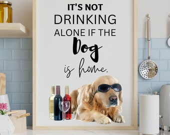 Golden Retriever Art Print, gifts, wine lover, dog art, kitchen wall decor, wall print, Golden Retriever with wine glasses