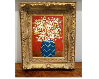 Mexican Folk Art Flower Print, Spanish wall decor, mid century spanish artwork flowers vase, white flowers