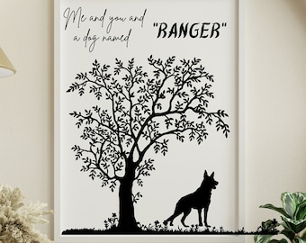 Personalized dog name print, all breeds, dog lovers gift, dog under tree silhouette, song lyric