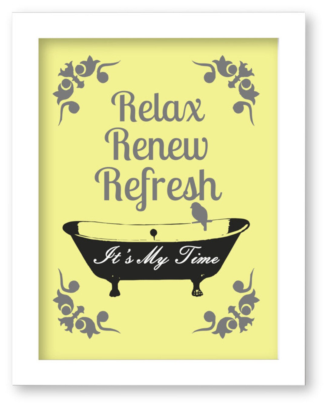 Yellow and Gray Bathroom Art Print Bathtub Birds Relax Etsy