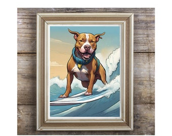 Pitbull art print surfing in the ocean wall decor for your beach house