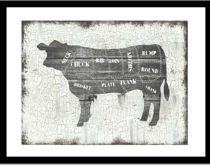 Beef Butchers Chart Art Print, Chefs Wall Decor, Rustic, Distressed Cow ...
