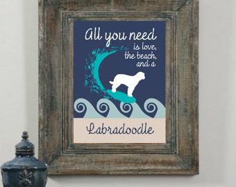 Labradoodle Beach dog decor for the beach house, art print for dog lovers, nautical decor, pet decor, surfing dog