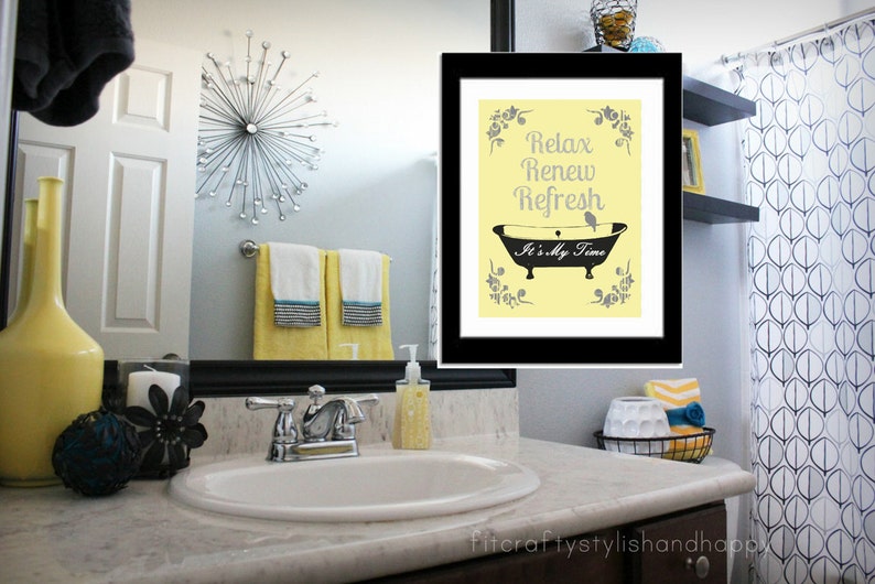 Yellow and Gray Bathroom Art Print Bathtub Birds Relax Etsy