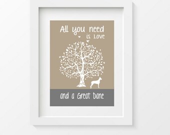 Great Dane Art Print, All You Need Is Love And A Great Dane, Tree, Modern Wall Decor, gift