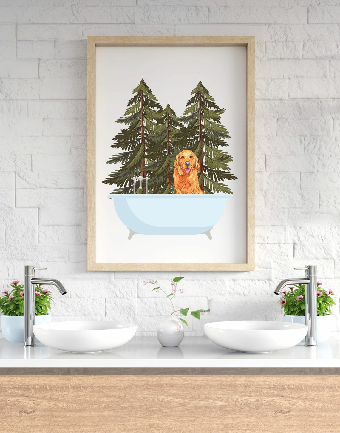 Golden Retriever Art Print Bathroom Wall Decor Dog in Tub - Etsy