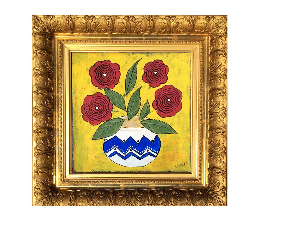12 x 12 Mexican Folk Art Flower print from my original painting, Spanish wall decor, midcentury Spanish artwork flowers vase - Carlier art