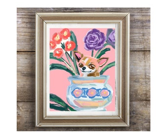 Mexican folk art flower painting with Chihuahua dog art print, impressionist print