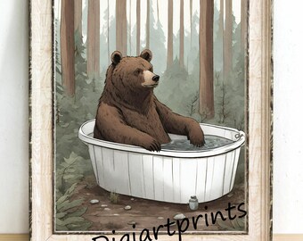 Bear in tub art print, bear illustration, wall decor, cabin decor, pine trees, bear gift