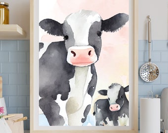 Cow print gifts, Cow and Calf, Dairy Cow wall decor, Farmhouse style decor, Watercolor style