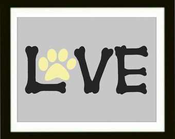 Dog Paw Art Print, Word Love Artwork, Pet room Decor, Dog Lover Gift, Modern Wall Decor