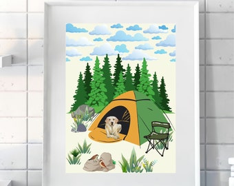 Yellow Labrador Retriever Print, Labrador camping, dog wall art, Labrador poster, Labrador Retriever gift, outdoor, nature