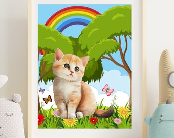 Orange Tabby Kitten Art Print, Kitten poster with rainbow, trees and flowers