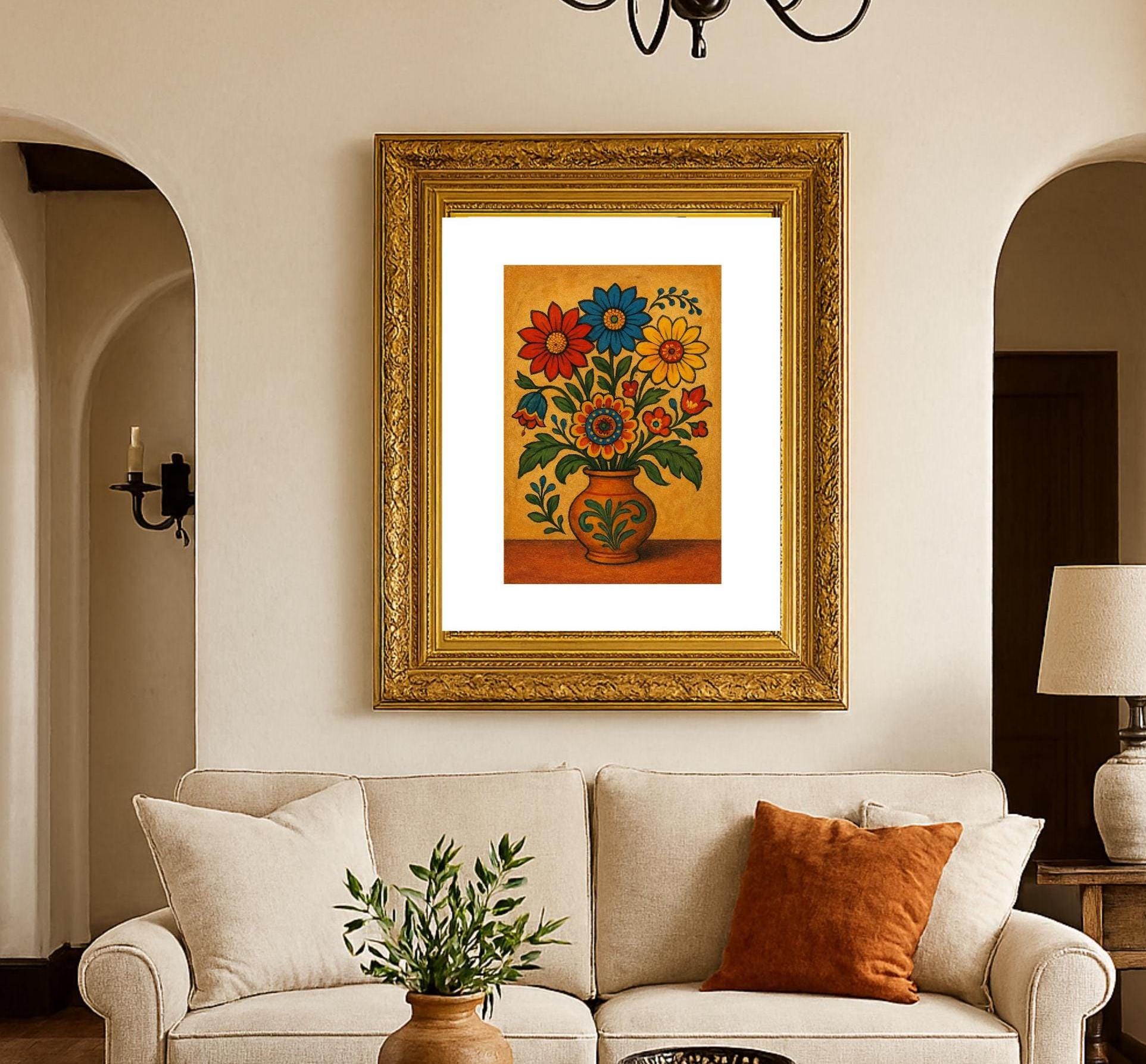Vintage Mexican Folk Art Floral Print – Colorful Vase Bouquet Wall ...