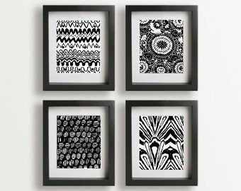 Black and white art prints, wall prints, groupings, modern geometric designs, tribal