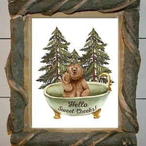 Funny bear print, cabin wall art, hello sweet cheeks, bathroom decor, cabin gifts, bear in tub, winter wall art