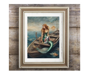 Mermaid Art Print with dog on a boat in the ocean, wall decor, beach house artwork