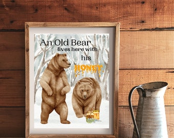 Bear art print, bear illustration, wall decor, cabin decor, pine trees, mama bear, couples gift