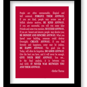 Mother Teresa Quote, Art Print, Do it anyway, wall art image 1
