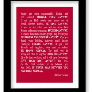 Mother Teresa Quote Art Print Do It Anyway Wall Art Etsy