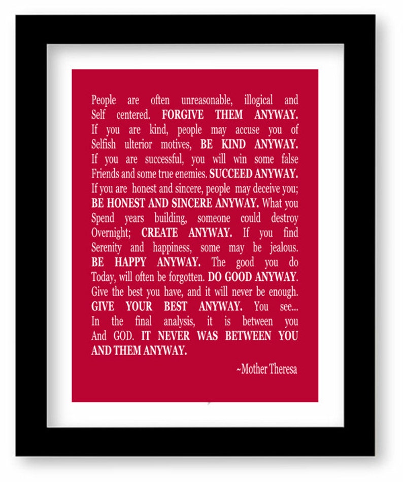 Mother Teresa Quote, Art Print, Do it anyway, wall art image 1