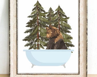 Bear in tub art print, bear illustration, wall decor, cabin decor, pine trees, winter wall art