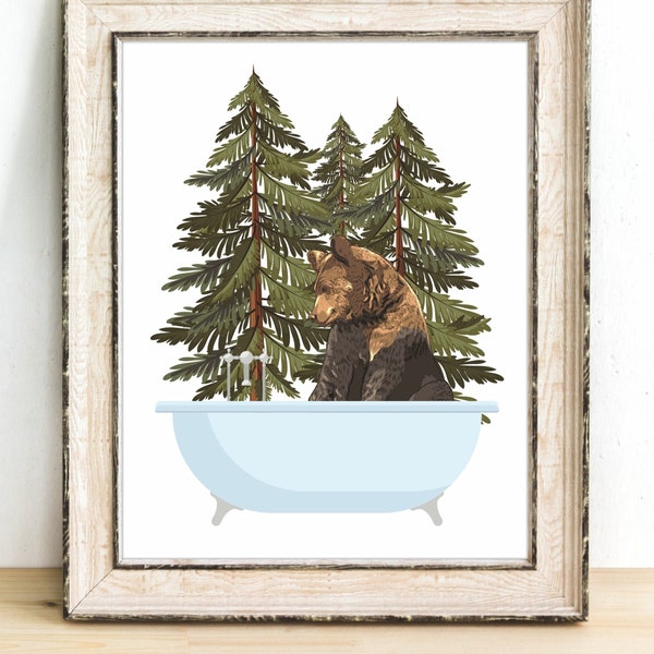 Bear in tub art print, bear illustration, wall decor, cabin decor, pine trees, winter wall art