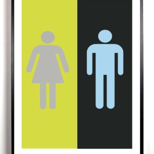 Bathroom Art Print, Bathroom wall decor, Lime Green and black, restroom sign, his and hers bathroom image 1