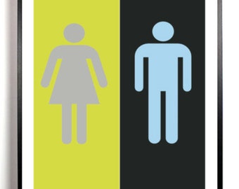 Bathroom Art Print, Bathroom wall decor, Lime Green and black, restroom sign, his and hers bathroom