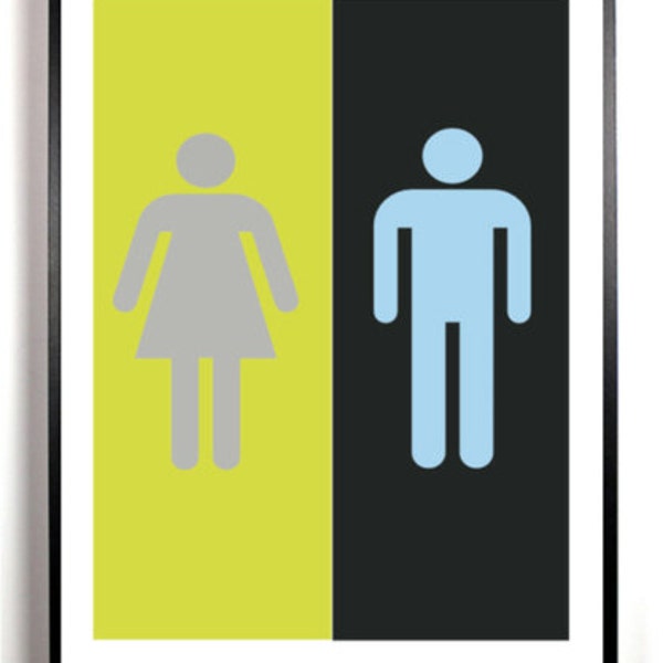 Bathroom Art Print, Bathroom wall decor, Lime Green and black, restroom sign, his and hers bathroom