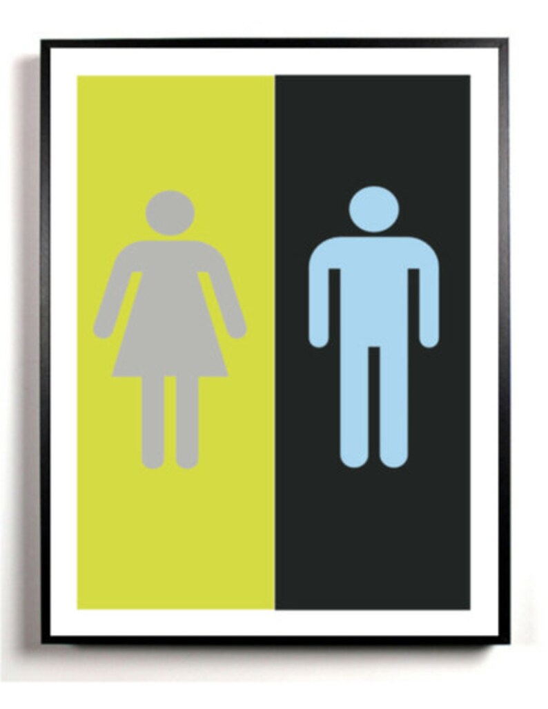 Bathroom Art Print, Bathroom wall decor, Lime Green and black, restroom sign, his and hers bathroom image 1