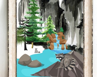 Racoon watercolor art print illustration, wall decor, cabin decor, pine trees, nature, racoon lover gift, happy nature print