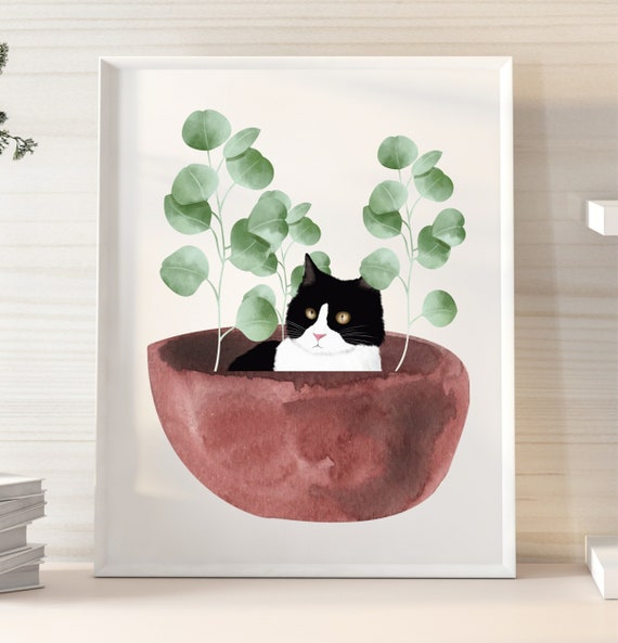 Black and White Tuxedo Cat Art Print Illustration Cat in a Etsy