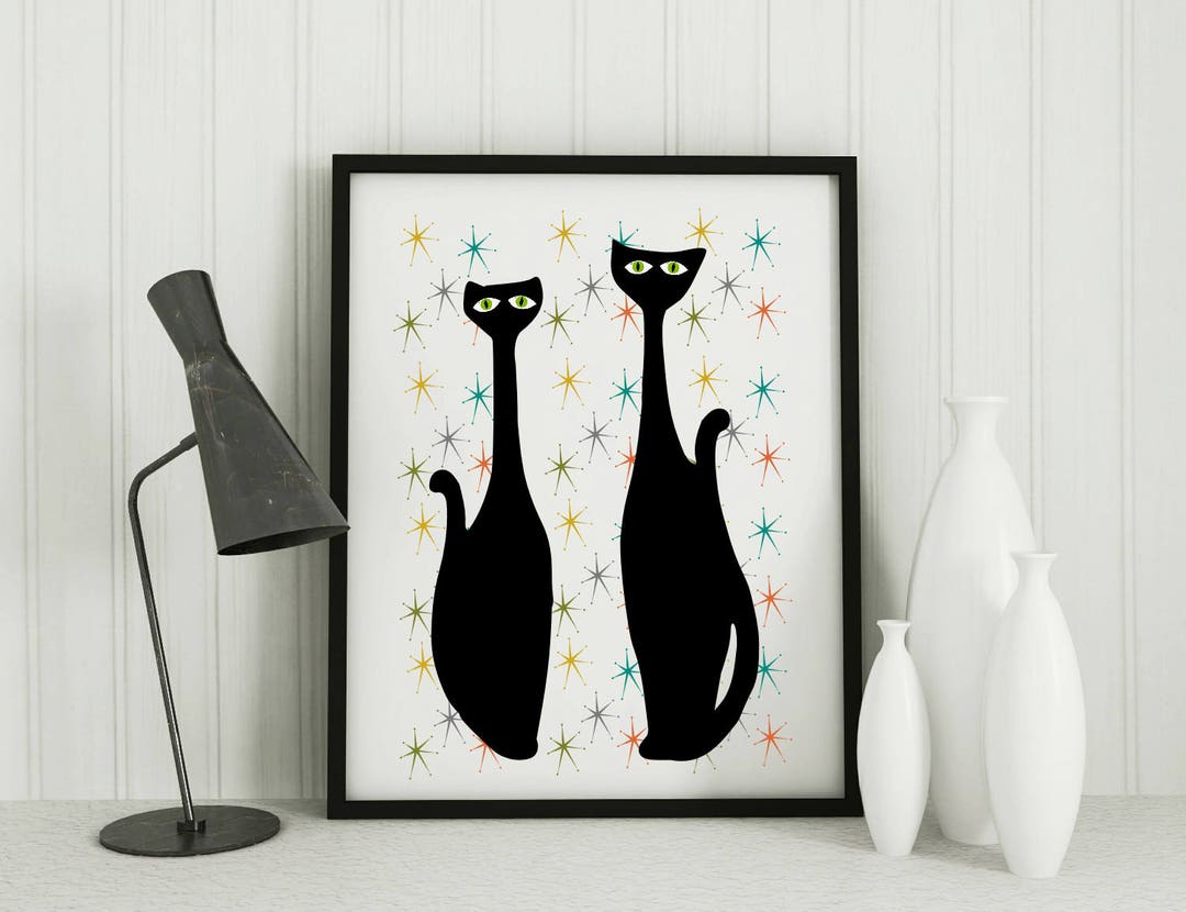 Mid Century Modern Cat Wall Art Geometric Shapes Wall Etsy