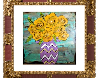 12 X 12 Mexican folk art print from my original painting, Spanish wall decor, midcentury floral print, yellow flowers