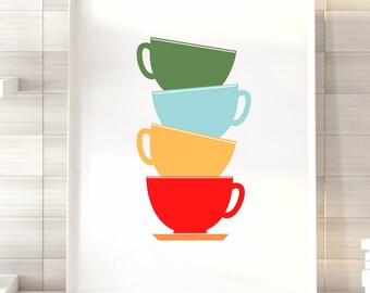 Kitchen Art Print - Retro, Tea Cups, Wall Decor, Teacup artwork, Teacup Print, Geometric art, coffe cups