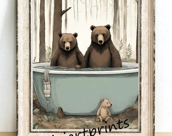 Bear couple in tub art print, bear illustration, wall decor, cabin decor, pine trees, bear gift  AI-generated